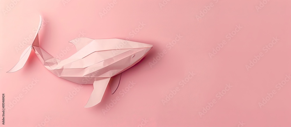 Poster pink background with a paper whale for a creative design with copy space image.
