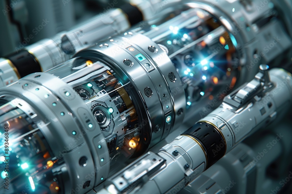 Poster close-up of advanced futuristic technology components with glowing lights and intricate details. hig