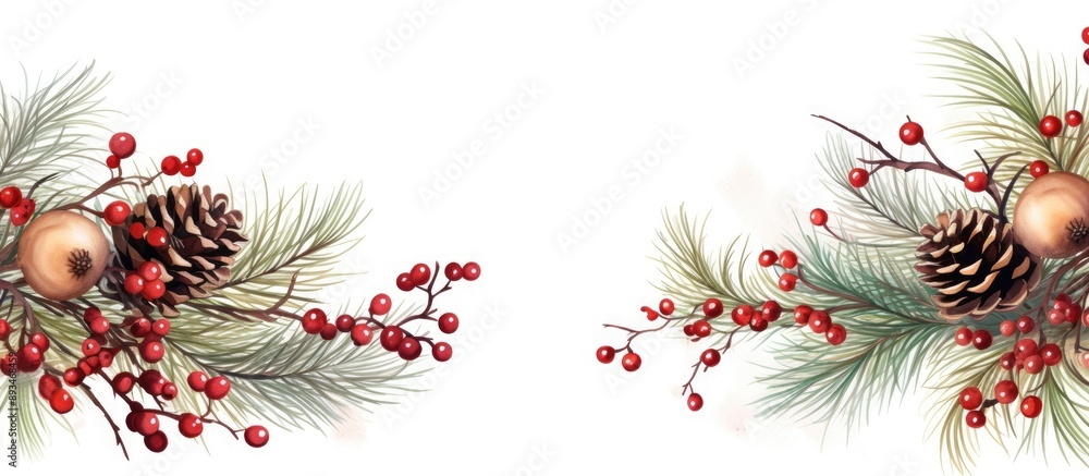 Fototapete an image featuring a christmas-themed border with tree branches, red berries, and pine cones on a wh