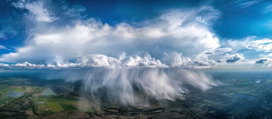 Fototapeta premium A drone captures an approaching atmospheric front with thunderstorms, rain, hail, and squally wind against a blue sky with white clouds, creating a dramatic copy space image.