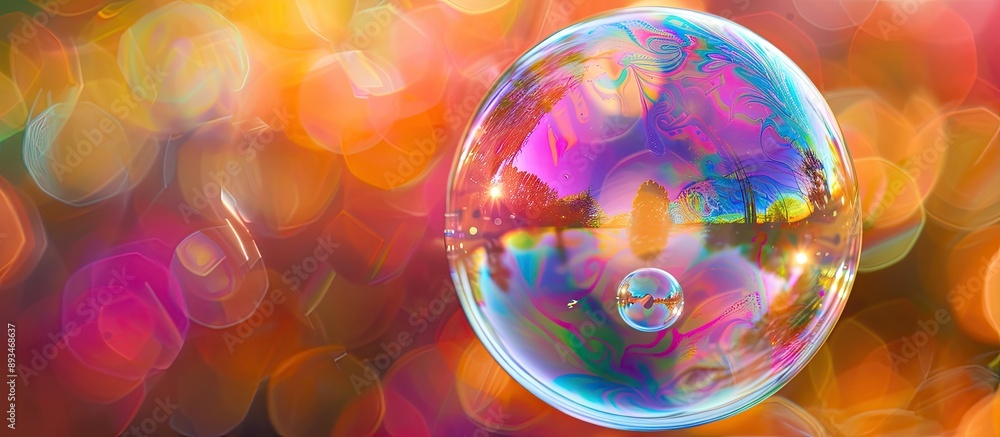 Fototapete Macro close-up image showing vibrant colors reflecting on a soap bubble with a background ideal for text or design elements - copy space image.