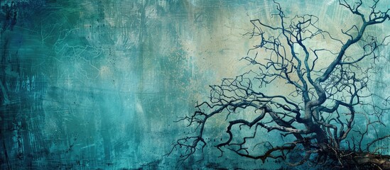 A surreal abstract background showing a blend of blue and turquoise hues with a worn grunge texture features intertwined bare tree roots in a unique color palette, ready for copy space image.