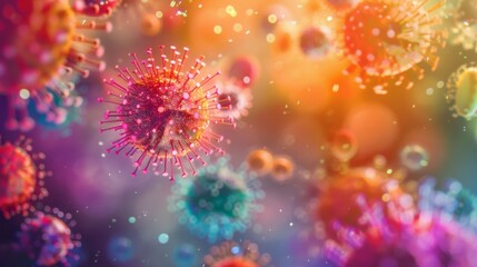 Obraz premium Colorful Viruses under microscope, Dangerous influenza or coronavirus cells for background