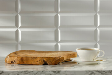 White cup of coffee on white marble table with white tiled wall with sunlight background and copy space for products. Image for montage objects display. 