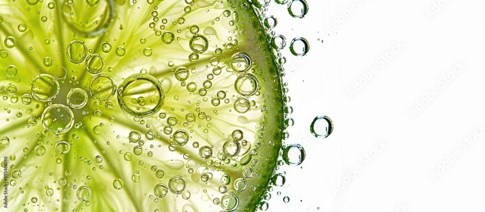 Poster Isolated lime slice with bubbles in a copy space image.