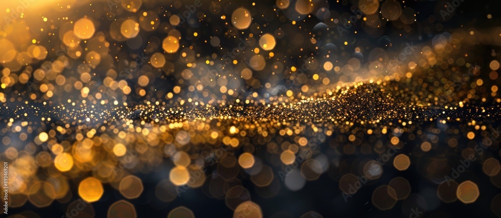 Poster Bokeh effect on black backdrop with abstract golden powder, creating a festive ambiance perfect for Christmas and New Year celebrations. Ideal for a copy space image.