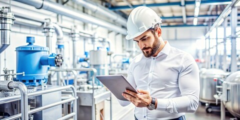 Industrial Engineer Monitoring Machinery with Digital Tablet. A focused industrial engineer in a hard hat uses a digital tablet to check systems in a high-tech factory setting.