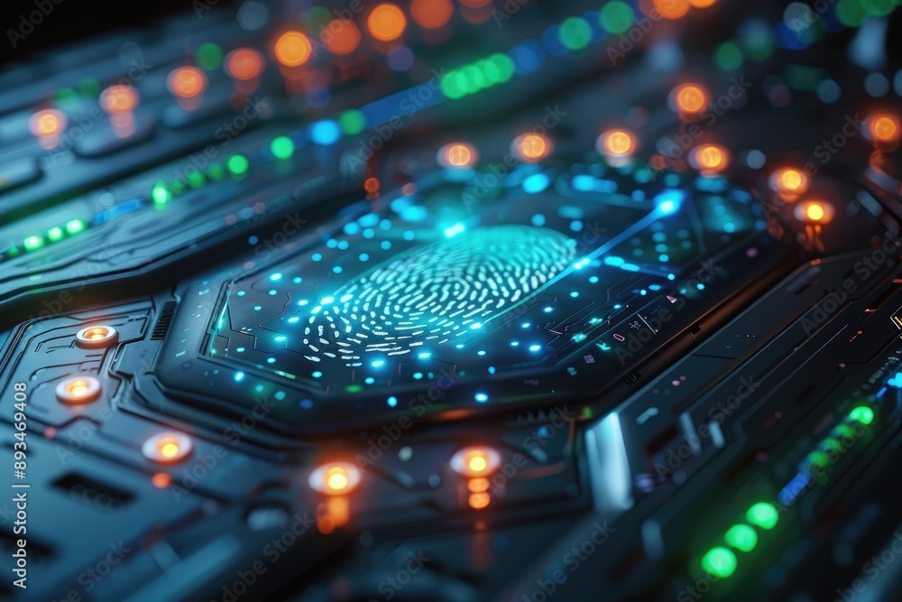 Poster futuristic digital fingerprint scanner with glowing lights and circuits, representing advanced cyber