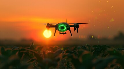 A drone flies over a field at sunset its silhouette highlighted against the vibrant orange sky