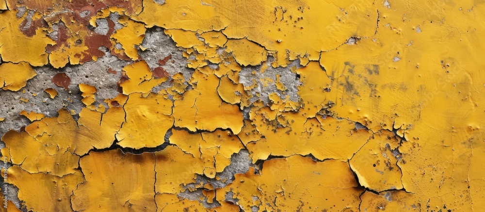 Poster A close-up image of rust spreading across a weathered yellow wall with chipped paint, there is a vast, open space for text or logos.