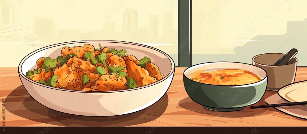 Poster a bowl of chicken curry and salad, set against a background with space for text or other elements.