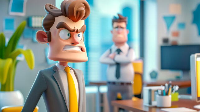 Angry boss character is shouting at his employee in office
