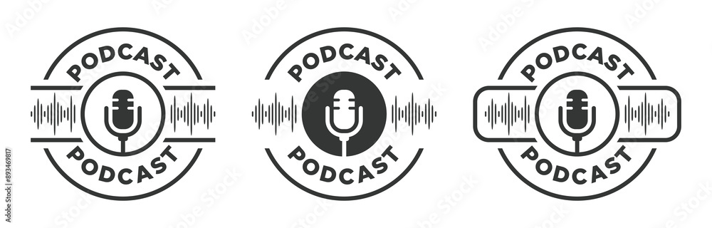 Poster podcast logo icon microphone vector design waveform set isolated. podcast logos emblem circle with a