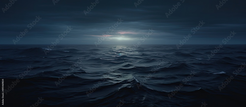 Poster wide-angle shot capturing the vast ocean with dark hues and morning sunlight, featuring leading line