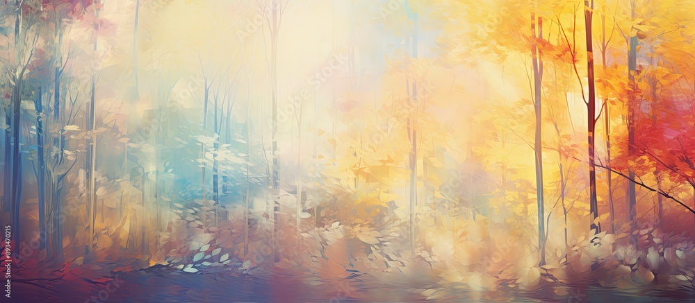 Poster Vivid autumn forest scenery with sunlight filtering through trees, creating an abstract blur effect. Nature landscape with colorful hues and copy space image.