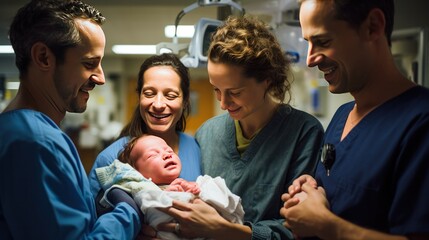 Obraz premium Photograph of a doctor celebrating with a newborn baby and its parents after a successful delivery, capturing the sense of relief and accomplishment.