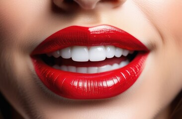 Fototapeta premium Close up of a beautiful young woman smiling with healthy white teeth. dental work. woman smile with red lips and perfect white teeth