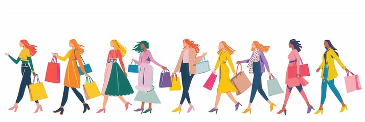 Vector illustration of females shopping over white background