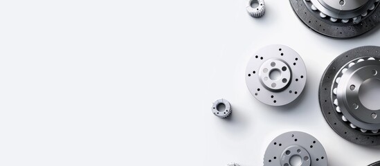 Spare car brake parts displayed diagonally on a flat white background with available copy space image.