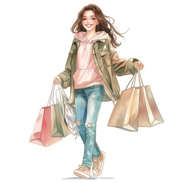 recommend clip art: Artistic illustration of female shopping with shopping bags