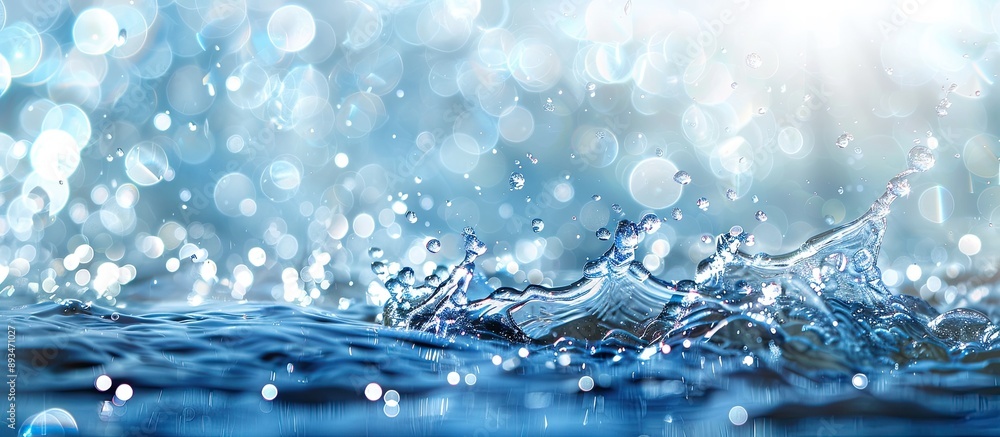 Poster water surface with splashes and bubbles, featuring a blurred blue background in sunlight, ideal for 