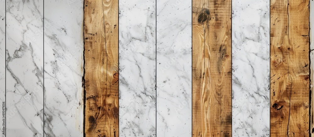Poster Top view of a plank wood texture on a luxurious marble surface for showcasing products in interior design or graphics with a copy space image.