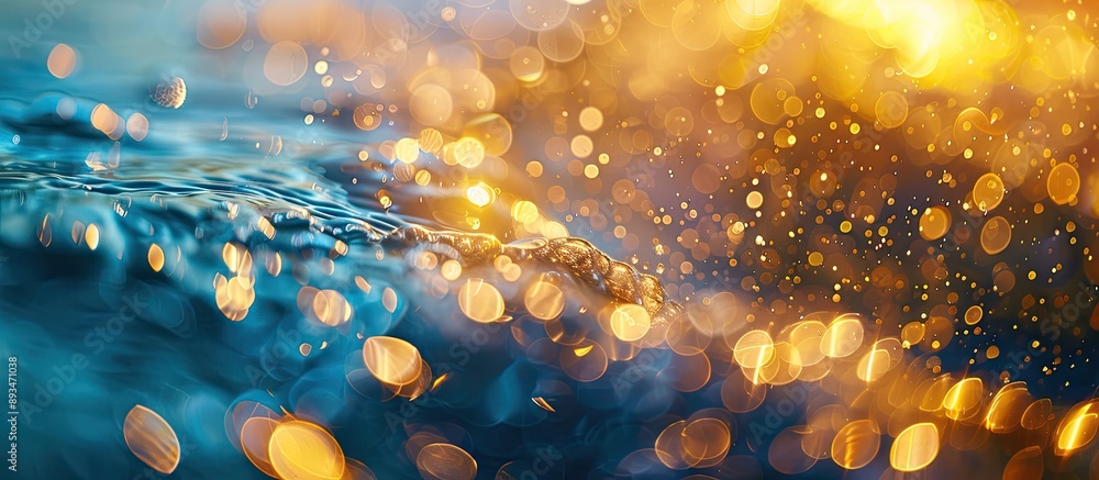 Poster Beautiful ocean blue and golden-colored bokeh line with a colorful bokeh curtain in the background, perfect as a copy space image.