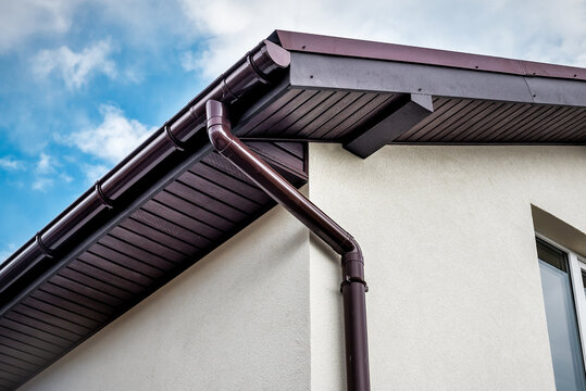 Lateral coated metal panel, rain gutter and rain water pipe at a roof