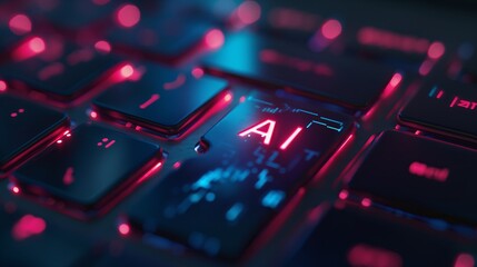 Obraz premium Futuristic AI Concept on a Backlit Keyboard with Glowing Red and Blue Lights