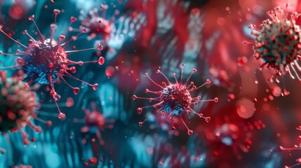 Colorful Viruses under microscope, Dangerous influenza or coronavirus cells for background
