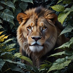 a lion with a white nose is in the jungle.