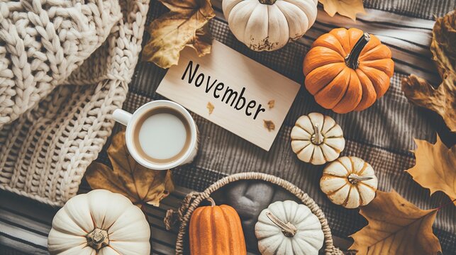 Cozy autumn theme with pumpkins, coffee and November calendar on wooden table