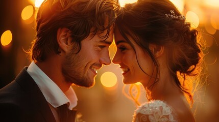 A loving couple gazes into each other's eyes during their wedding, bathed in warm, golden sunset light, radiating joy and affection.