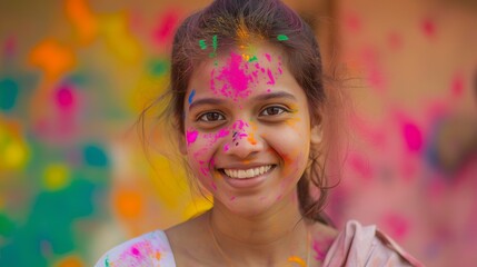 Fototapeta premium Joyful young woman celebrating Holi festival with vibrant colors on her face
