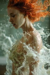 Surreal art photo - redhead young woman in a liquid dress. Water splashes looks like a dress
