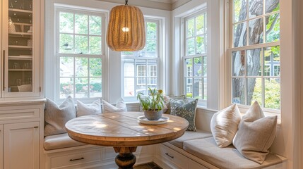 A cozy transitional breakfast nook with a built-in bench