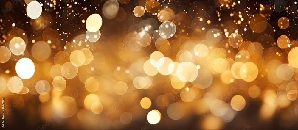 Poster Blurred golden bokeh background with glittering light spots creating a holiday-themed texture, ideal for wallpaper, and featuring copy space image.