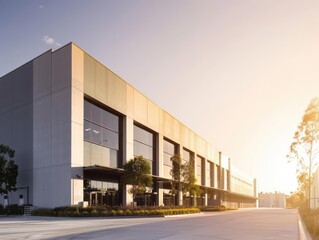 Naklejka premium A modern industrial warehouse exterior with a wide angle view under a clear sky.