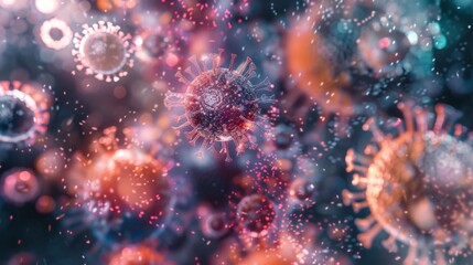 Fototapeta premium Colorful Viruses under microscope, Dangerous influenza or coronavirus cells for background