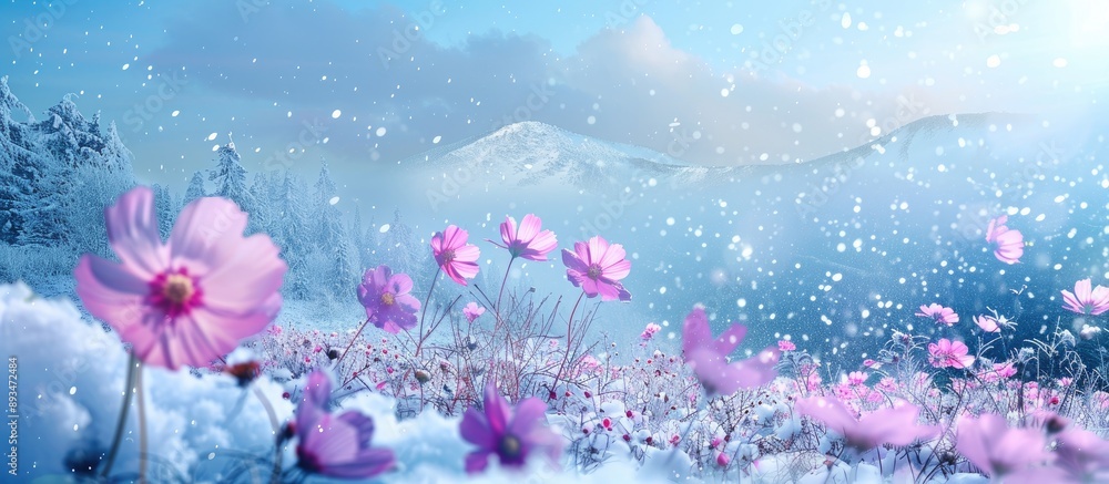 Poster Vivid colors in a winter nature scene with a cosmos flower field provide a picturesque view for a backdrop in an image with space for text.