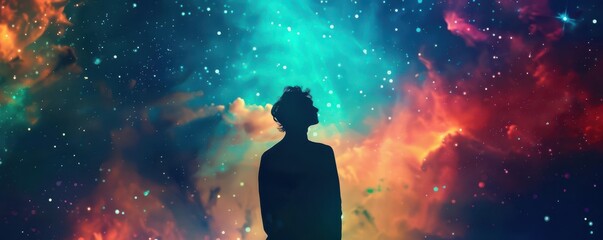 Naklejka premium A person silhouetted against a vibrant cosmic backdrop.