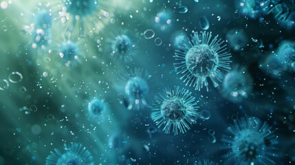 Fototapeta premium Colorful Viruses under microscope, Dangerous influenza or coronavirus cells for background