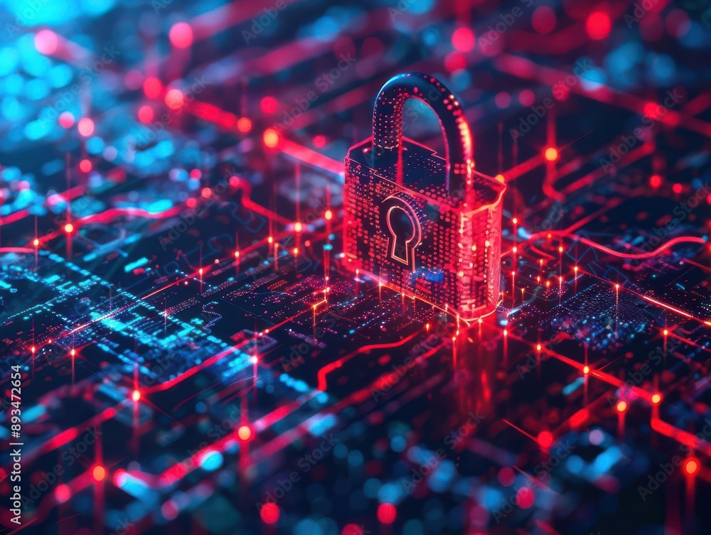 Poster a secure padlock at the heart of a cyber network illustrated with intense red and blue light streams