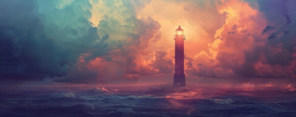A lighthouse illuminating a path over uncharted waters symbolizing the vision guiding exploration towards a promising future.