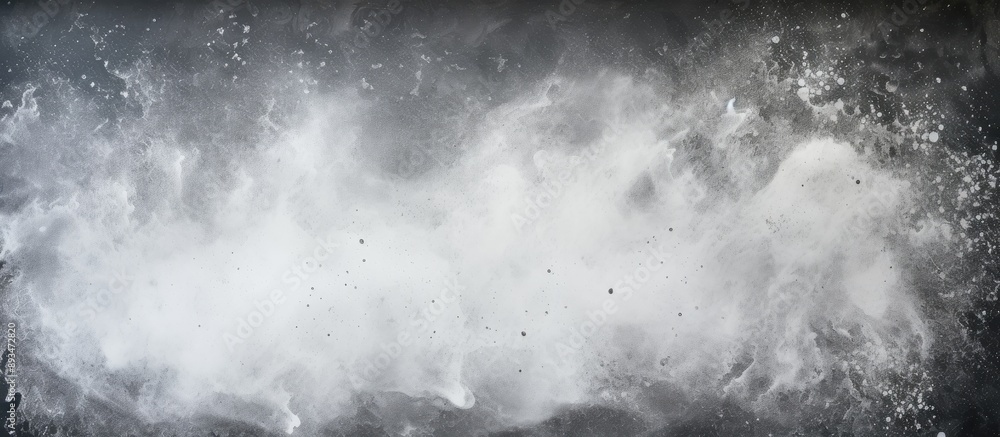 Poster top-view copy space image of a blackboard covered in white powder splash creating a textured abstrac