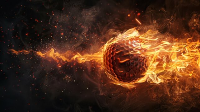A flaming golf ball in motion leaving a trail of fire and smoke against a dark background.