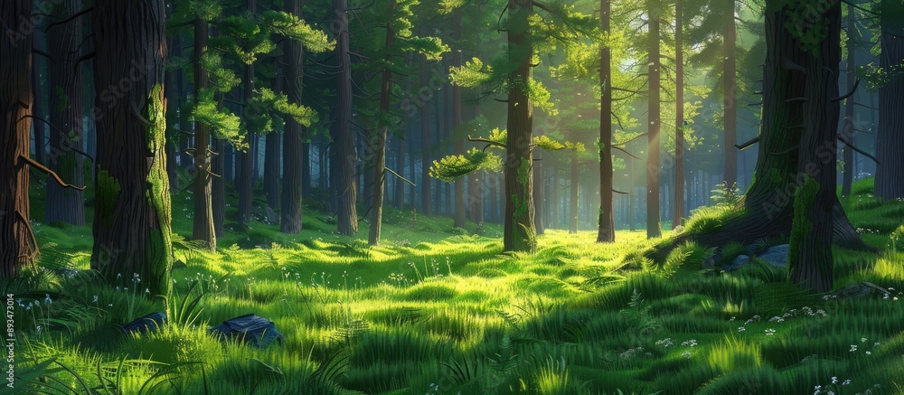 Poster Lush green grasses in a forest setting with tall pine trees, creating a serene backdrop.