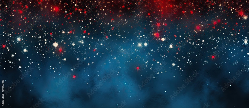 Poster fuzzy new year backdrop with festive red stars on a blue background and space for text or images.