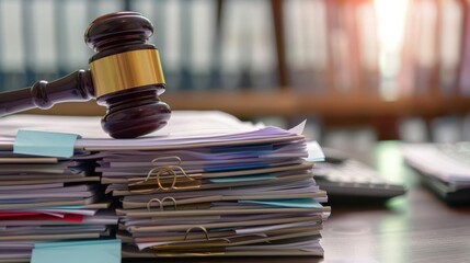 A gavel on top of a pile of compliance documents in a corporate office.