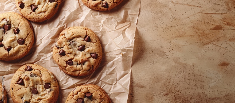 Poster an overhead image of chocolate chip cookies on baking paper with space for text or graphics. copy sp